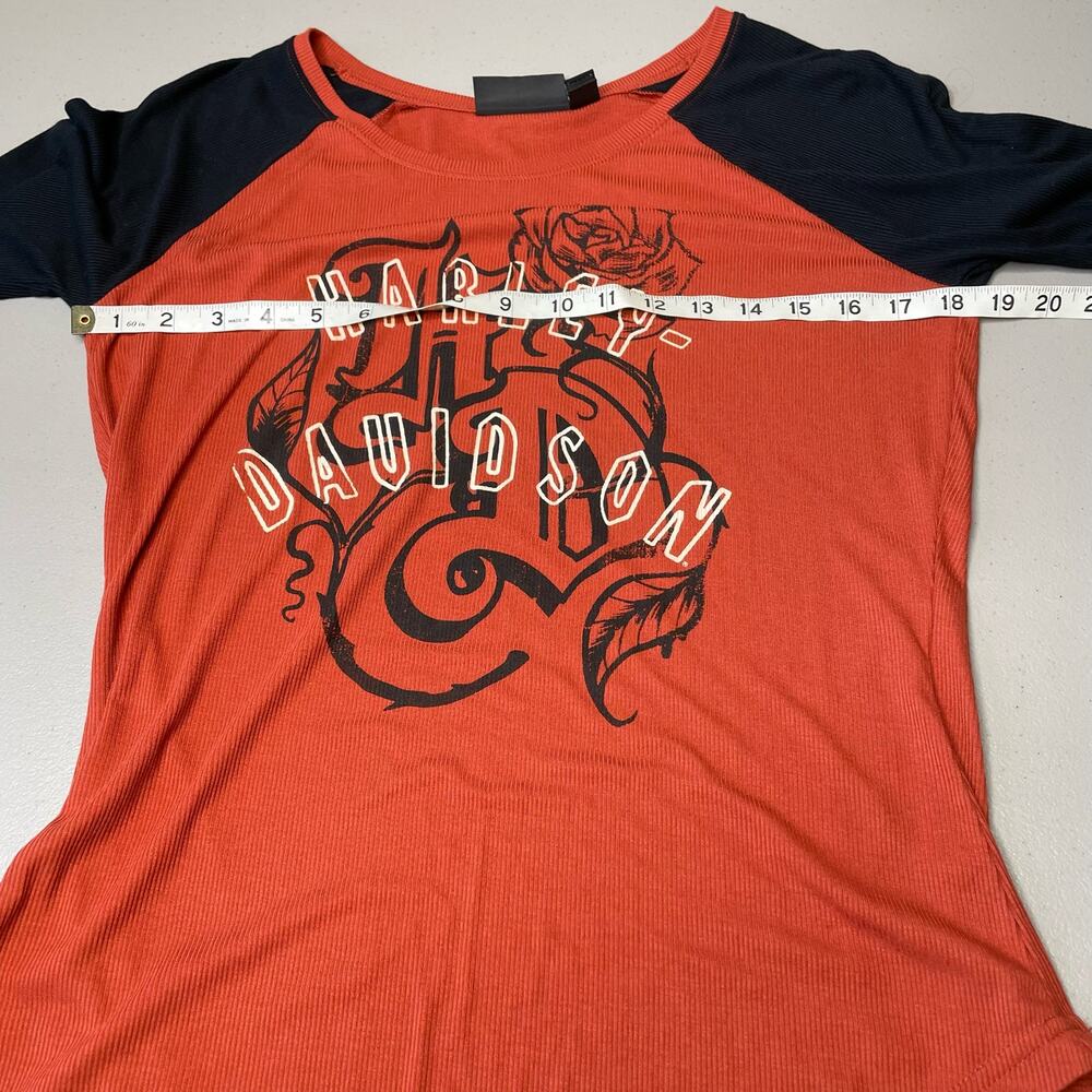 Harley-Davidson Ribbed Knit Long Sleeve Top Roses Spell Out Logo Orange Black‎ M - Picture 7 of 9